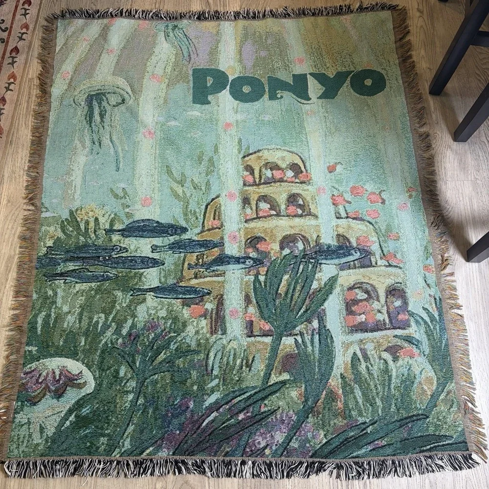Vintage Disney Ponyo Movie Tapestry Throw Woven Blanket 58x48 Studio Ghibli Rare